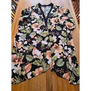 Shein Curve Women 4XL Black Pink‎ Tropical Floral 3/4 Sleeve Open Front Kimono